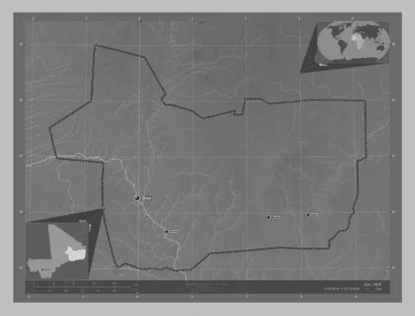 マリ共和国の首都 湖や川とグレースケールの標高マップ 地域の主要都市の位置と名前 コーナー補助位置図 — ストック写真