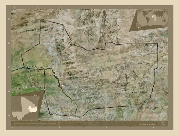 马里地区 高分辨率卫星地图 该区域主要城市的地点和名称 角辅助位置图 — 图库照片
