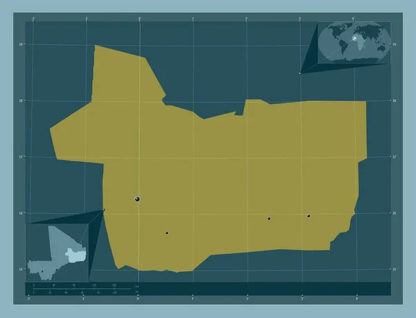 マリ共和国の首都 しっかりした色の形 地域の主要都市の場所 コーナー補助位置図 — ストック写真