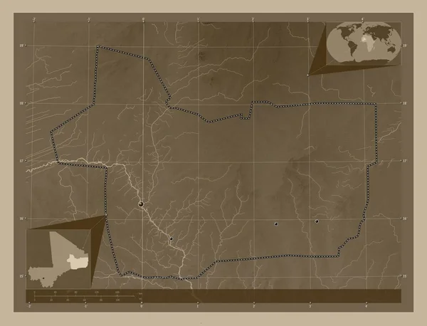 Гао Область Мали Карта Высоты Окрашенная Сепиевые Тона Озерами Реками — стоковое фото