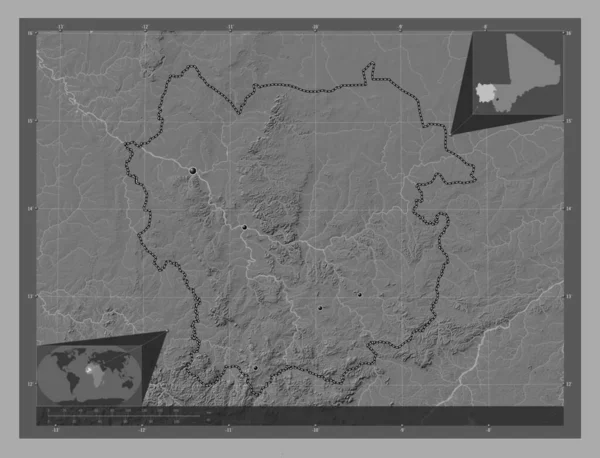 マリ共和国の首都 湖や川と二階の標高マップ 地域の主要都市の場所 コーナー補助位置図 — ストック写真