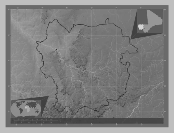 Kayes Regio Mali Grayscale Hoogte Kaart Met Meren Rivieren Hulplocatiekaarten — Stockfoto
