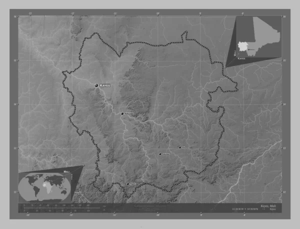 Kayes Regio Mali Grayscale Hoogte Kaart Met Meren Rivieren Locaties — Stockfoto