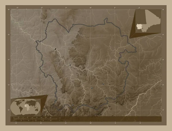 Kayes Region Mali Höhenkarte Sepiatönen Mit Seen Und Flüssen Standorte — Stockfoto