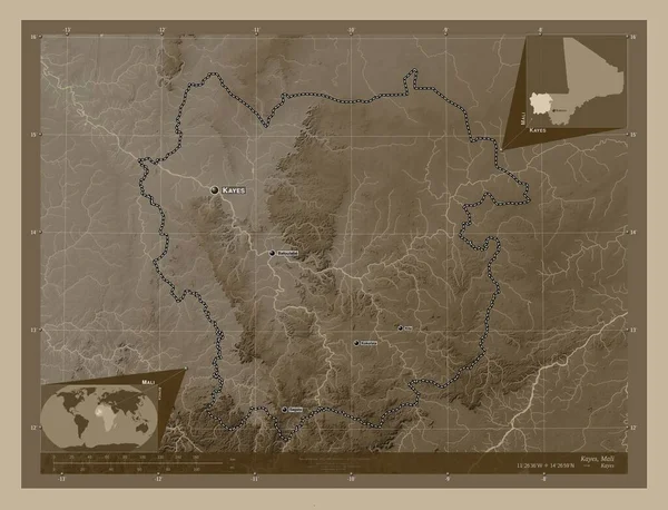 Kayes Region Mali Höhenkarte Sepiatönen Mit Seen Und Flüssen Orte — Stockfoto