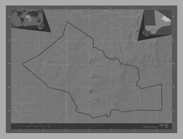 マリ共和国の首都 湖や川と二階の標高マップ 地域の主要都市の位置と名前 コーナー補助位置図 — ストック写真