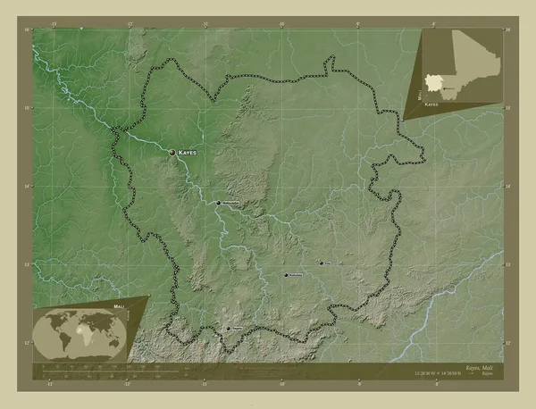 マリ共和国の首都 湖や川とWikiスタイルで着色された標高マップ 地域の主要都市の位置と名前 コーナー補助位置図 — ストック写真