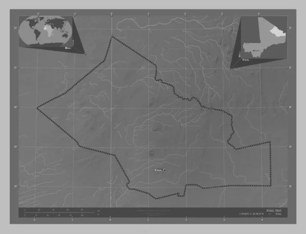 マリ共和国の首都 湖や川とグレースケールの標高マップ 地域の主要都市の位置と名前 コーナー補助位置図 — ストック写真