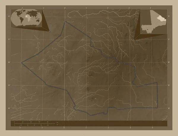 Кидал Область Мали Карта Высоты Окрашенная Сепиевые Тона Озерами Реками — стоковое фото