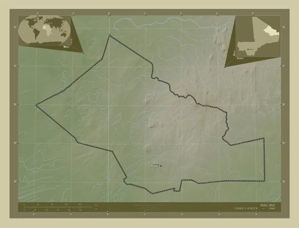 马里地区基达尔 用Wiki风格绘制的带有湖泊和河流的高程地图 该区域主要城市的地点和名称 角辅助位置图 — 图库照片