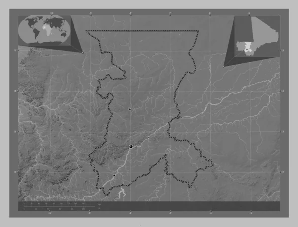 Koulikoro Região Mali Mapa Elevação Escala Cinza Com Lagos Rios — Fotografia de Stock