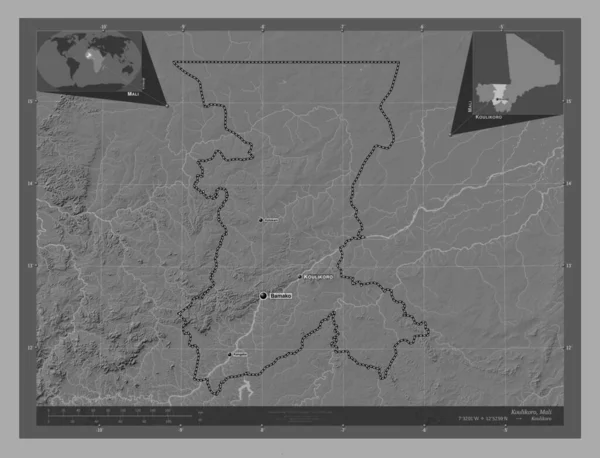 Koulikoro Region Mali 带湖泊和河流的比尔维尔高程图 该区域主要城市的地点和名称 角辅助位置图 — 图库照片