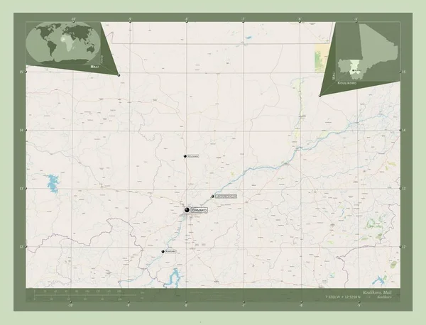 コリコロ マリ共和国の地方 ストリートマップを開く 地域の主要都市の位置と名前 コーナー補助位置図 — ストック写真