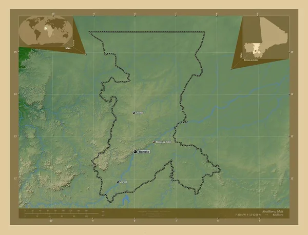 Куликоро Регион Мали Цветная Карта Высоты Озерами Реками Места Названия — стоковое фото