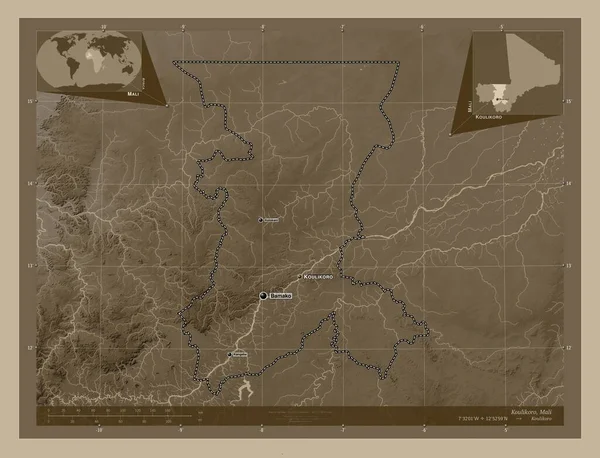 Κουλικόρο Περιφέρεια Μάλι Υψόμετρο Χάρτη Χρωματισμένο Τόνους Σέπια Λίμνες Και — Φωτογραφία Αρχείου