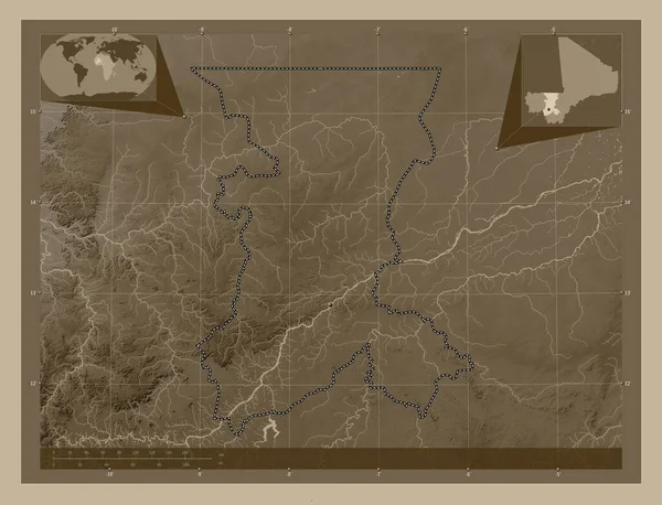 Куликоро Регион Мали Карта Высоты Окрашенная Сепиевые Тона Озерами Реками — стоковое фото