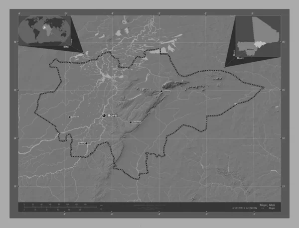 Mopti Region Mali Dwupoziomowa Mapa Jeziorami Rzekami Lokalizacje Nazwy Głównych — Zdjęcie stockowe