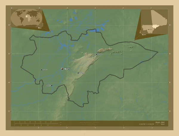 モッティ マリ共和国の領域 湖や川と色の標高マップ 地域の主要都市の位置と名前 コーナー補助位置図 — ストック写真