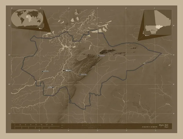 Мопти Область Мали Карта Высоты Окрашенная Сепиевые Тона Озерами Реками — стоковое фото