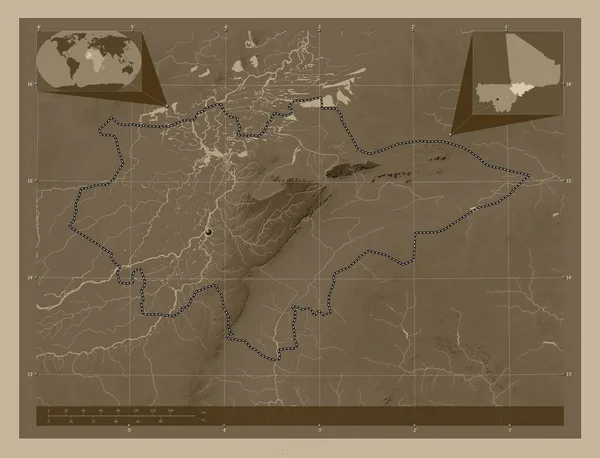 Мопти Область Мали Карта Высоты Окрашенная Сепиевые Тона Озерами Реками — стоковое фото