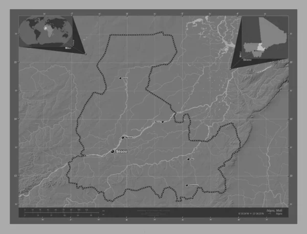 Ségou Région Mali Carte Altitude Bilevel Avec Lacs Rivières Emplacements — Photo