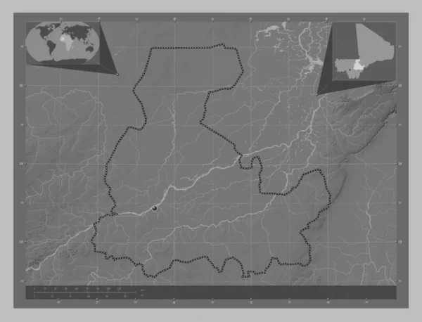 Segou Region Mali 带有湖泊和河流的灰度高程图 角辅助位置图 — 图库照片