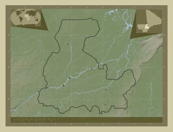 Segou Region Mali 用Wiki风格绘制的带有湖泊和河流的高程地图 该区域主要城市的所在地点 角辅助位置图 — 图库照片
