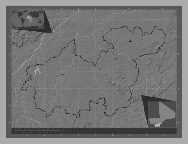 马里地区 锡卡索 带湖泊和河流的比尔维尔高程图 该区域主要城市的所在地点 角辅助位置图 — 图库照片
