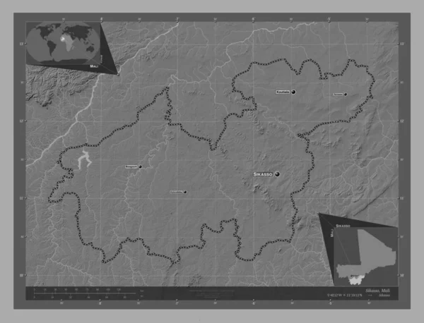 Sikasso Regio Mali Hoogteplattegrond Met Meren Rivieren Locaties Namen Van — Stockfoto