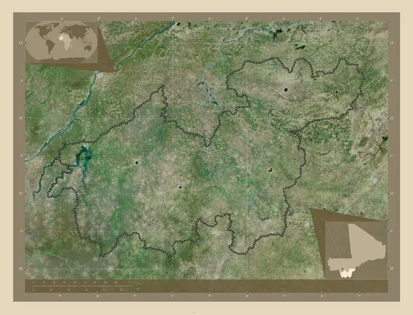 マリ共和国のシカソ地方 高解像度衛星地図 地域の主要都市の場所 コーナー補助位置図 — ストック写真