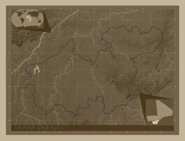 Сикассо Регион Мали Карта Высоты Окрашенная Сепиевые Тона Озерами Реками — стоковое фото