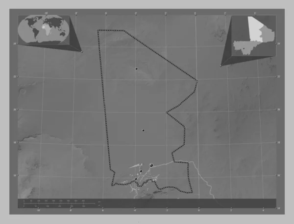 Timboektoe Regio Mali Grayscale Hoogte Kaart Met Meren Rivieren Locaties — Stockfoto