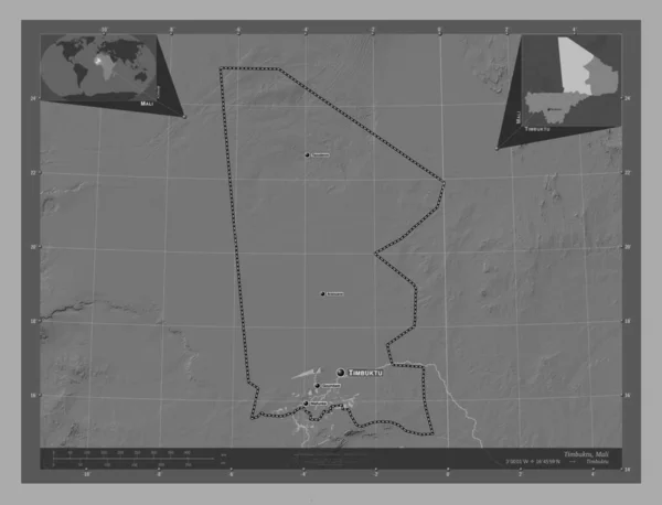 Tombuctú Región Malí Mapa Elevación Bilevel Con Lagos Ríos Ubicaciones —  Fotos de Stock