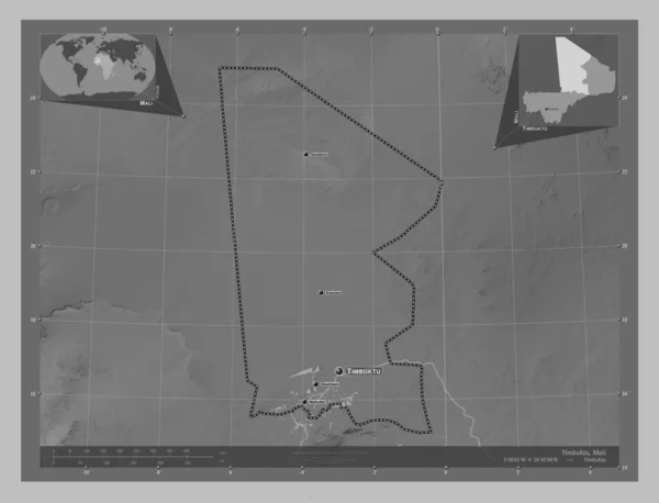 マリ共和国 マリ共和国の領域 湖や川とグレースケールの標高マップ 地域の主要都市の位置と名前 コーナー補助位置図 — ストック写真