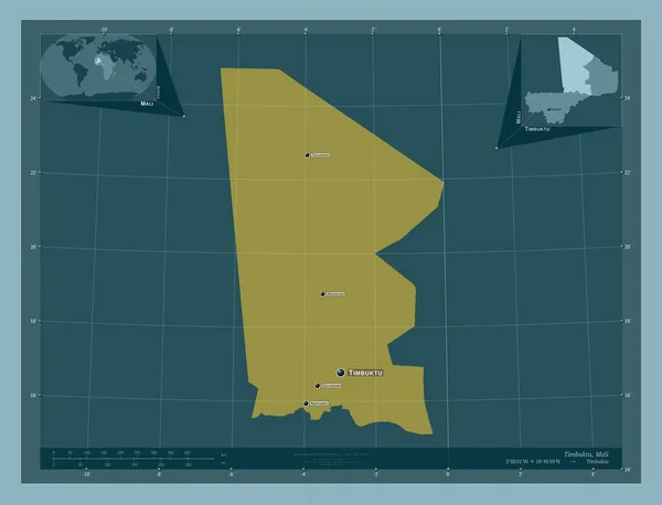 マリ共和国 マリ共和国の領域 しっかりした色の形 地域の主要都市の位置と名前 コーナー補助位置図 — ストック写真