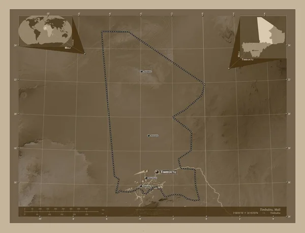 Tombuctú Región Malí Mapa Elevación Coloreado Tonos Sepia Con Lagos — Foto de Stock