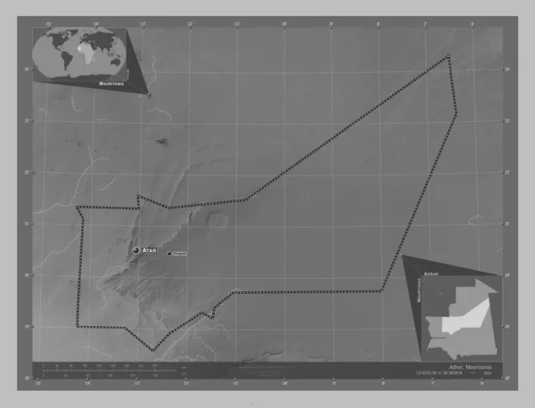 アドラー モーリタニアの地域 湖や川とグレースケールの標高マップ 地域の主要都市の位置と名前 コーナー補助位置図 — ストック写真