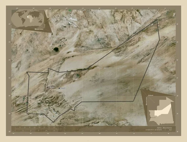 Adrar 毛里塔尼亚地区 高分辨率卫星地图 该区域主要城市的地点和名称 角辅助位置图 — 图库照片