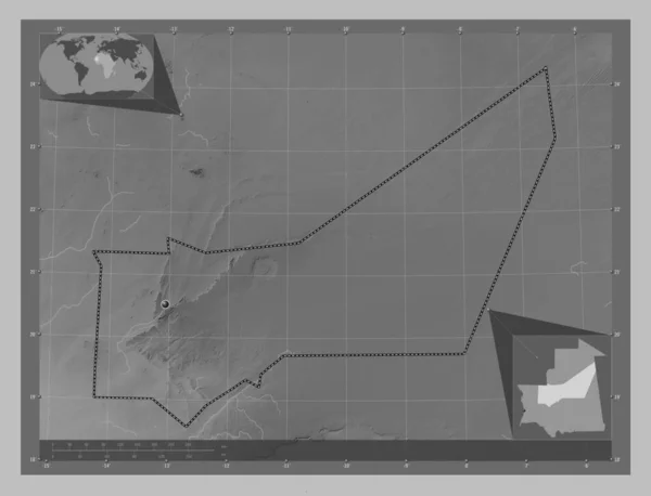 Adrar Region Mauritania Grayscale Elevation Map Lakes Rivers Corner Auxiliary — Stock Photo, Image