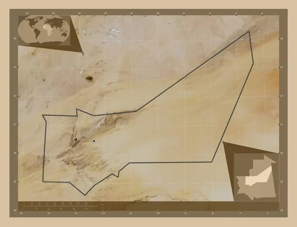 アドラー モーリタニアの地域 低解像度衛星地図 地域の主要都市の場所 コーナー補助位置図 — ストック写真