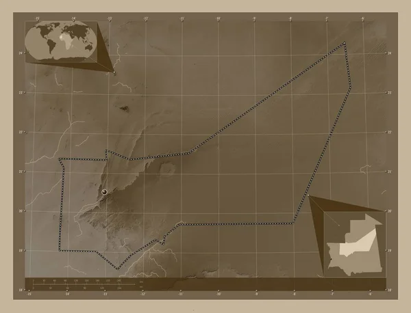 Адрар Область Мавритании Карта Высоты Окрашенная Сепиевые Тона Озерами Реками — стоковое фото