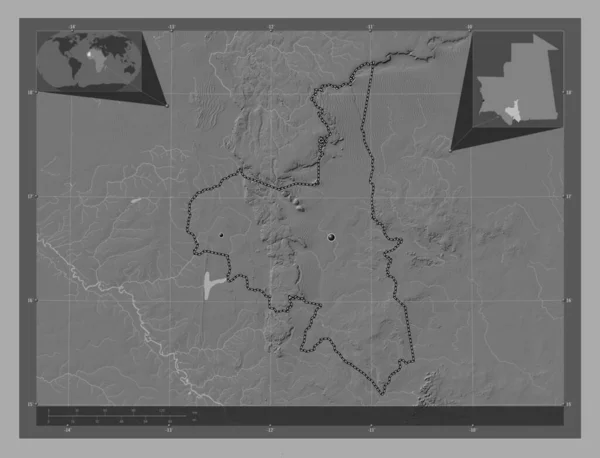 阿萨巴 毛里塔尼亚地区 带湖泊和河流的比尔维尔高程图 该区域主要城市的所在地点 角辅助位置图 — 图库照片