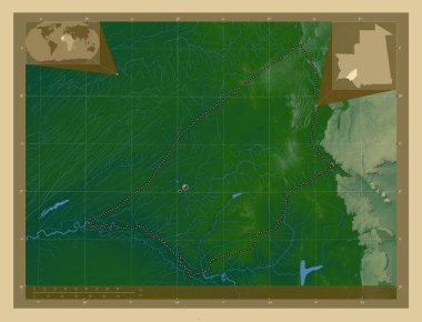 Brakna, Moritanya bölgesi. Gölleri ve nehirleri olan renkli yükseklik haritası. Bölgenin büyük şehirlerinin yerleri. Köşedeki yedek konum haritaları