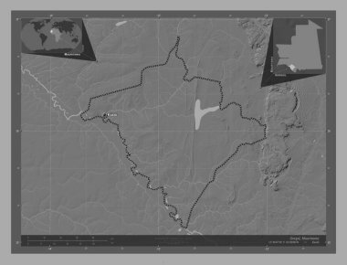 Gorgol, Moritanya bölgesi. Göllü ve nehirli çift katlı yükseklik haritası. Bölgenin büyük şehirlerinin yerleri ve isimleri. Köşedeki yedek konum haritaları