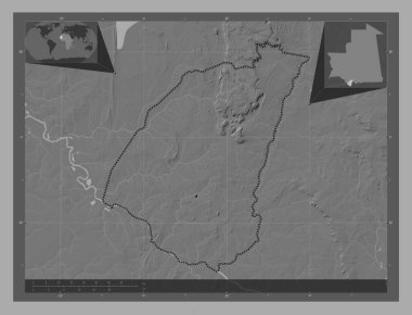 Guidimaka, Moritanya bölgesi. Göllü ve nehirli çift katlı yükseklik haritası. Bölgenin büyük şehirlerinin yerleri. Köşedeki yedek konum haritaları
