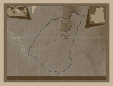 Guidimaka, Moritanya bölgesi. Yükseklik haritası sepya tonlarında göller ve nehirlerle renklendirilmiş. Köşedeki yedek konum haritaları
