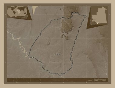Guidimaka, Moritanya bölgesi. Yükseklik haritası sepya tonlarında göller ve nehirlerle renklendirilmiş. Bölgenin büyük şehirlerinin yerleri ve isimleri. Köşedeki yedek konum haritaları