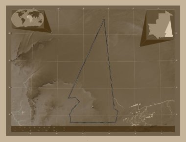 Hodh ech Chargui, Moritanya bölgesi. Yükseklik haritası sepya tonlarında göller ve nehirlerle renklendirilmiş. Köşedeki yedek konum haritaları