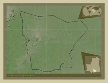 Hodh el Gharbi, Moritanya bölgesi. Yükseklik haritası göller ve nehirlerle wiki tarzında renklendirilmiş. Bölgenin büyük şehirlerinin yerleri. Köşedeki yedek konum haritaları