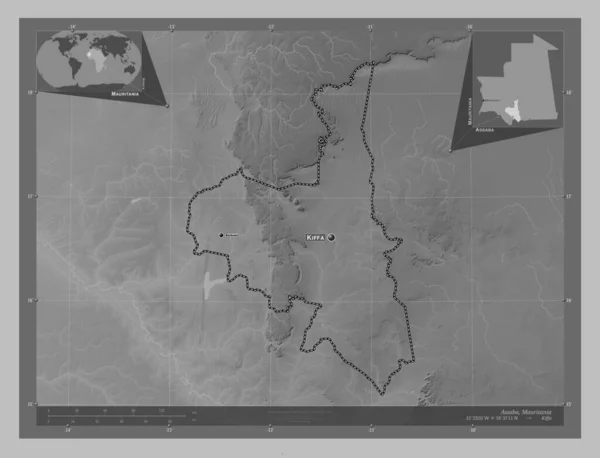 Асаба Регіон Мавританії Граймасштабна Мапа Висот Озерами Річками Місця Розташування — стокове фото